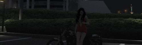 a woman in a red dress standing next to a motorcycle