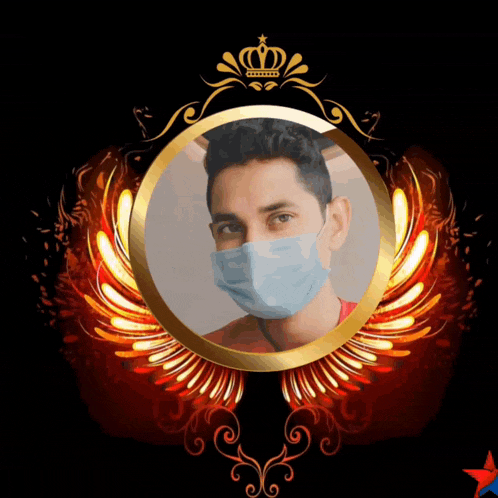 a man wearing a mask is in a gold frame with a crown