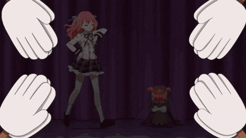 a girl with red hair is standing on a stage with a red curtain behind her