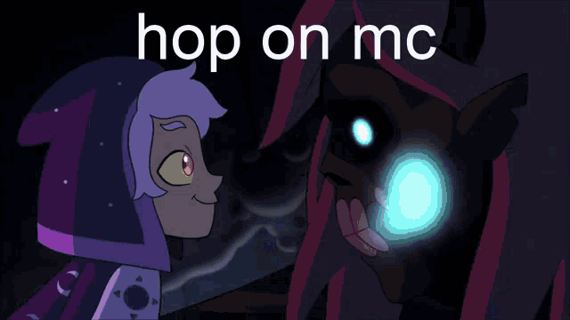 a cartoon scene with the words hop on mc