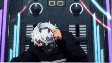 a person wearing a mask and headphones is standing in front of a wall with buttons on it