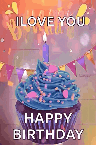 a cupcake with blue frosting and a candle on it says i love you happy birthday