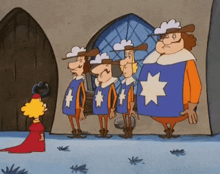 a cartoon of a man in a red cape standing next to a group of men