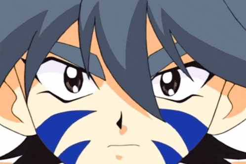 a close up of a cartoon character 's face with blue markings