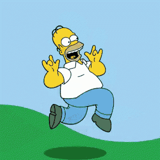 homer simpson from the simpsons is jumping in the air with his mouth open