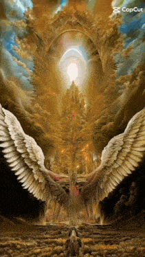 a painting of two angels with their wings outstretched and a caption that says copcut