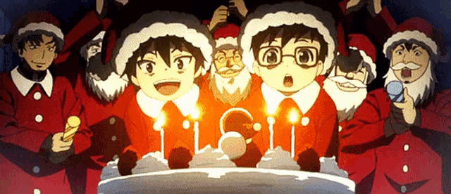 a group of anime characters dressed as santa claus are standing around a cake with candles on it