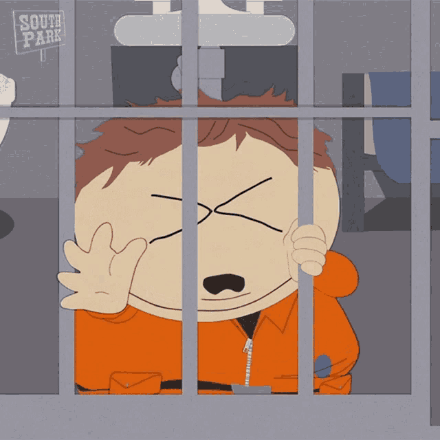 a cartoon character in a jail cell with a sign that says south park on it