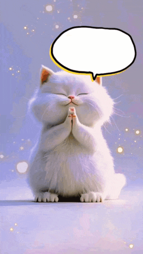a white cat with its eyes closed has a speech bubble above its head
