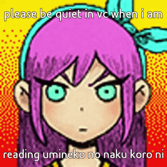 a cartoon of a girl with purple hair and green eyes is asking to be quiet .