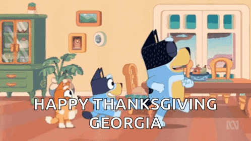 two cartoon dogs are dancing in a living room with the words happy thanksgiving georgia
