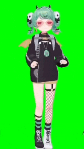 a 3d anime girl wearing a black sweater and fishnet stockings is standing in front of a green screen .