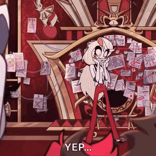 a cartoon character is standing in front of a wall with papers on it and saying yep .