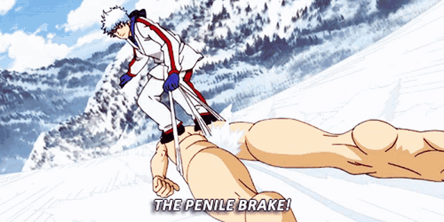 a man skiing down a snow covered slope with the words the penile brake