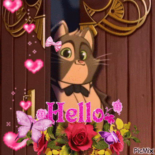a picture of a cat peeking out of a door with the words hello written on it