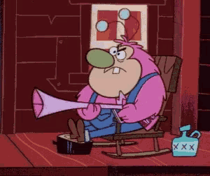 a cartoon character sitting in a rocking chair playing a horn