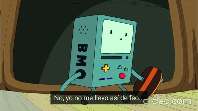 bmo from adventure time is holding a skateboard and says no yo no me levo así de feo