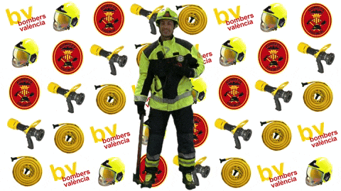 a man in a fireman 's uniform is surrounded by bombers valencia logos