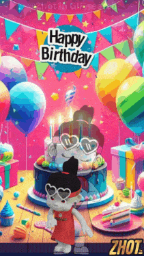 a happy birthday greeting card with a troll in front of a cake