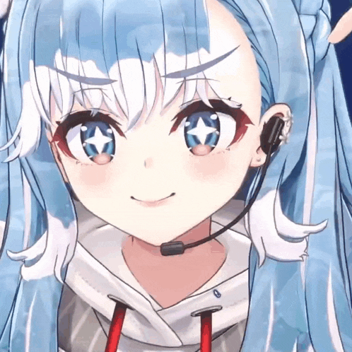 a close up of a blue haired anime girl wearing a headset