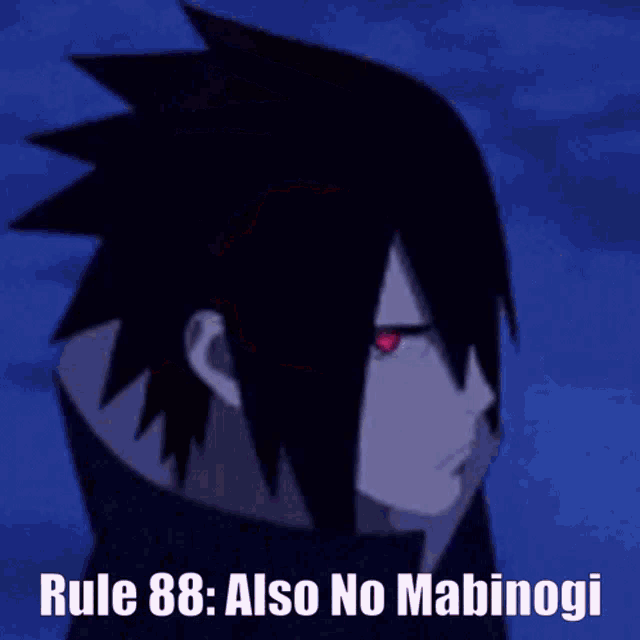 a close up of a person 's eye with the words rule 88 also no mabinogi written below it