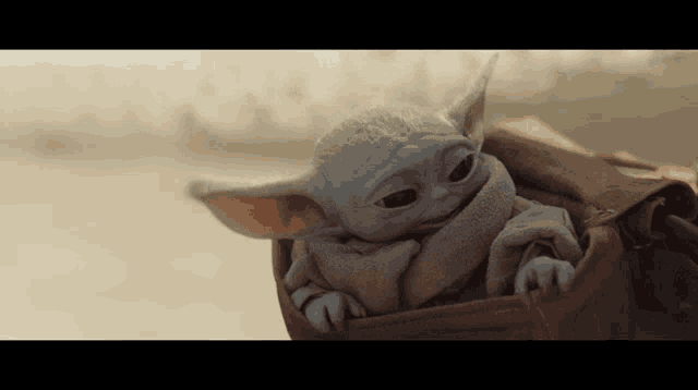 a baby yoda sitting in a brown bag