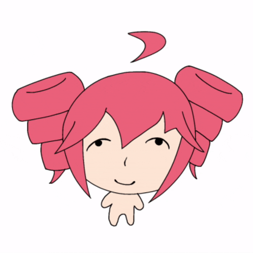 a cartoon drawing of a girl with pink hair and a smile on her face