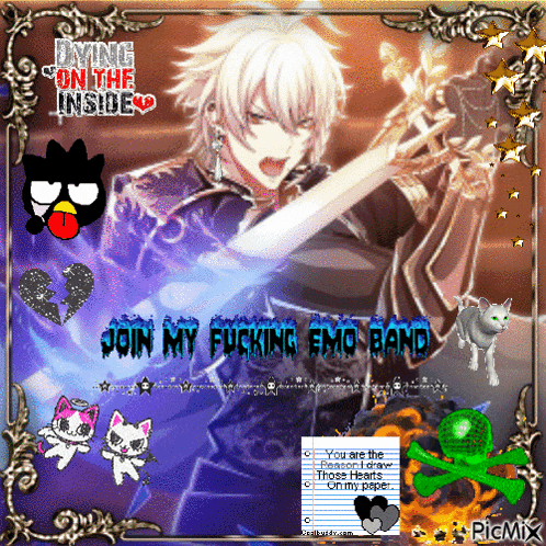 a picture of a man holding a sword with the words join my fucking emo band