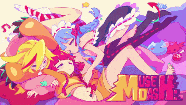 a colorful illustration of three anime girls laying on a bed with the words use me das me on the bottom