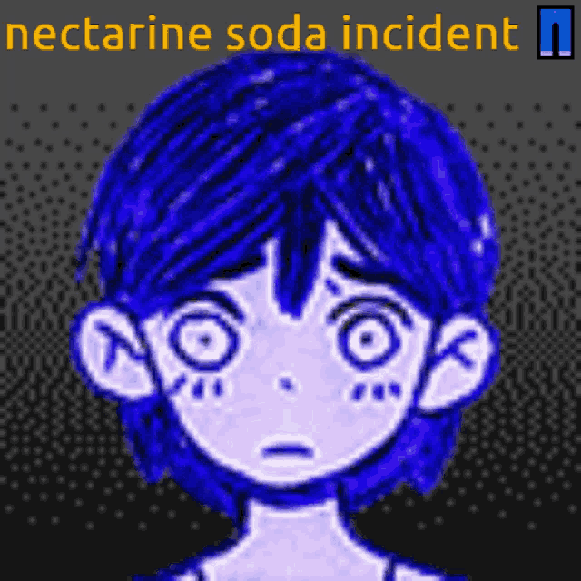 a pixel art of a girl with blue hair and the words nectarine soda incident below her