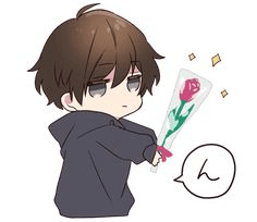 a chibi boy is holding a bouquet of roses in his hand .