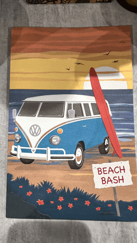 a vw bus with a surfboard and a sign that says beach bash on it