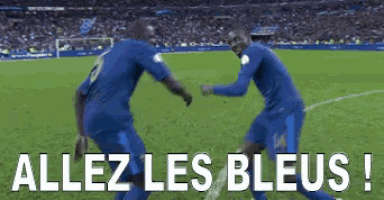 two soccer players are dancing on a field with the words allez les bleus in the background
