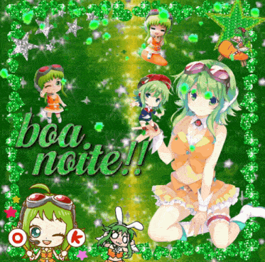 a picture of a girl with green hair and the words boa noite on it