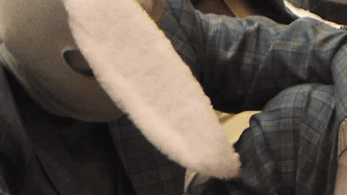 a close up of a person wearing a plaid shirt
