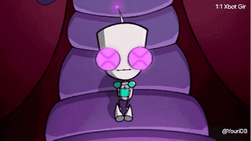 a cartoon character with pink eyes is sitting on a purple cushion