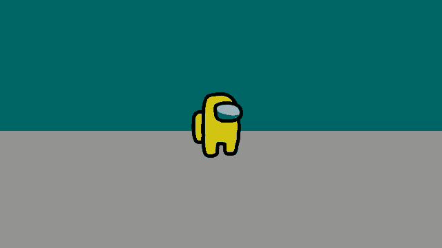 a yellow among us character is standing on a gray and blue background .