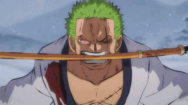 a cartoon of a man with green hair holding a sword in his mouth
