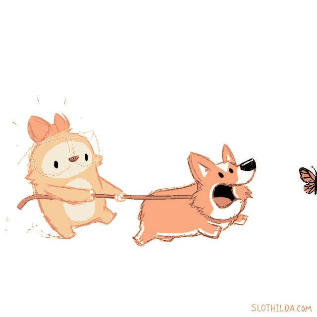 a cartoon of a dog pulling another dog on a leash with the website slothilda.com in the corner