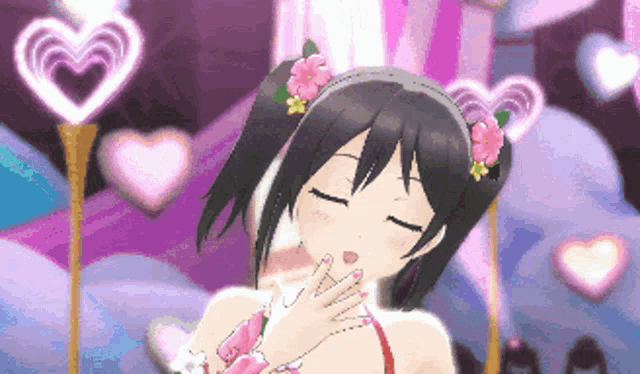 a pixel art of a girl with flowers in her hair and hearts in the background