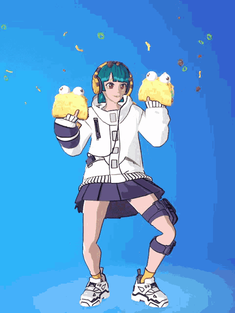 a girl with green hair and headphones is holding two cupcakes in front of a blue background