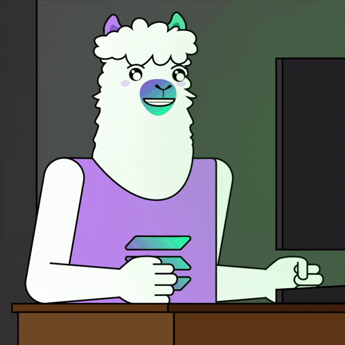 a cartoon llama sitting in front of a computer