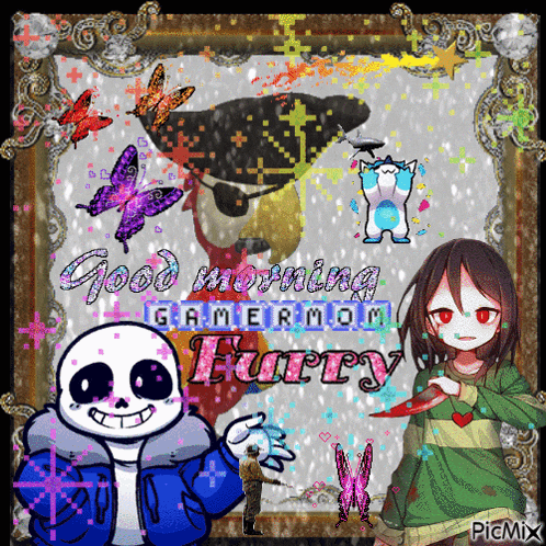 a picture of sans and charizard that says good morning gamermom furry