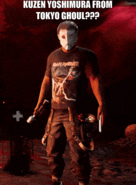 a man wearing an iron maiden shirt is holding a gun and a mask