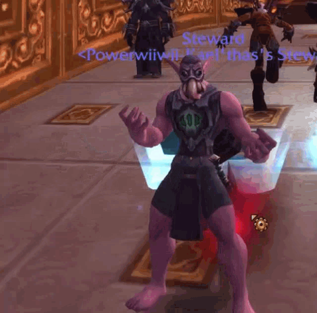 a video game character named steward is standing in a room with other characters