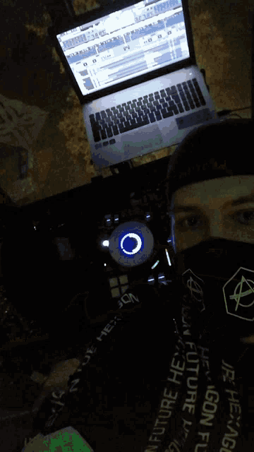 a blurry picture of a person wearing a mask with a green light in the background
