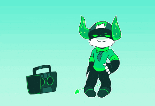a cartoon character with green horns and a boombox that says do