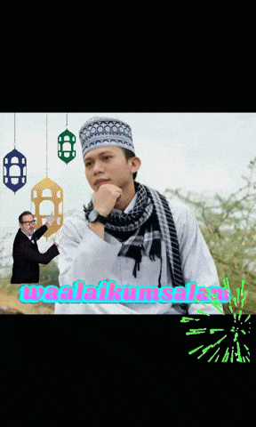 a man wearing a scarf and a hat is surrounded by lanterns and the word ramadan is on the bottom of the image