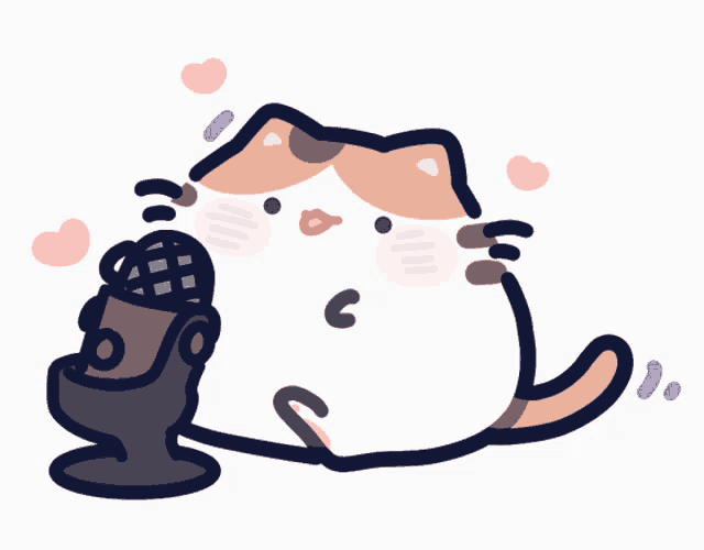 a cartoon cat is holding a microphone with hearts around it