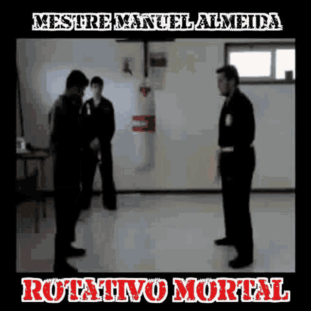 a group of men are standing in a room with the words rotativo mortal written on the bottom .